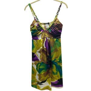 JFW Floral Tropical Mini Dress Braided Straps Empire Waist Multicolor Size M NWT